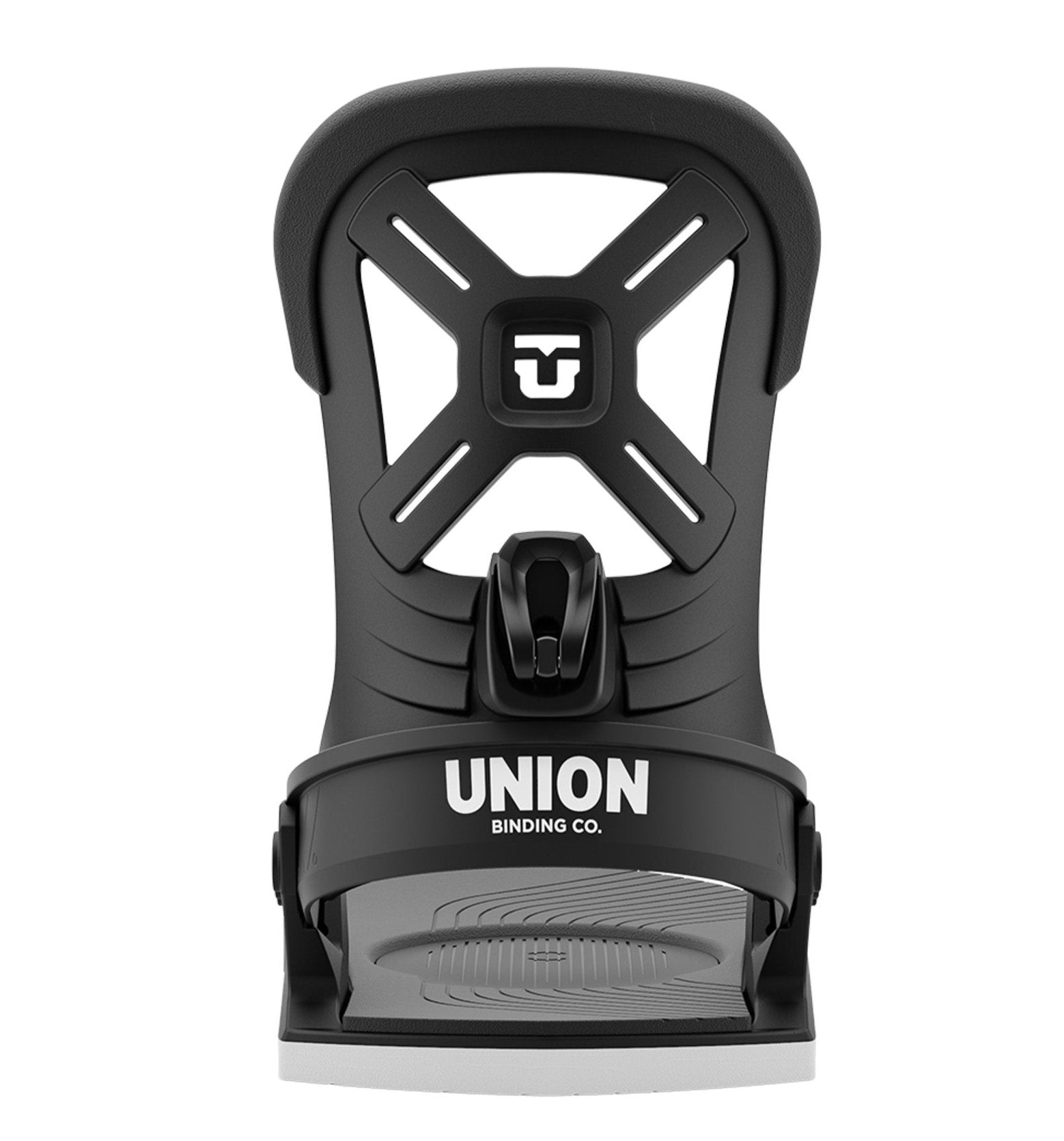 Union Junior's Cadet Snowboard Binding 2025 - A black snowboard binding with a white logo on top and a gray base plate.