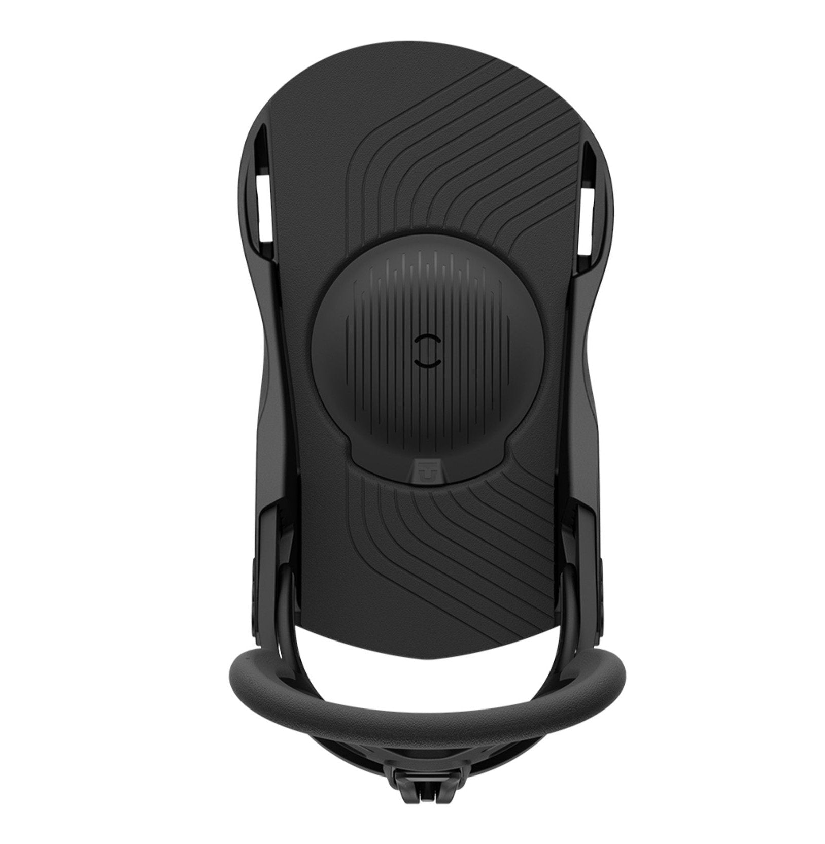 Union Junior's Cadet Snowboard Binding 2025 - A black snowboard binding with a circular logo on top and two straps at the bottom.