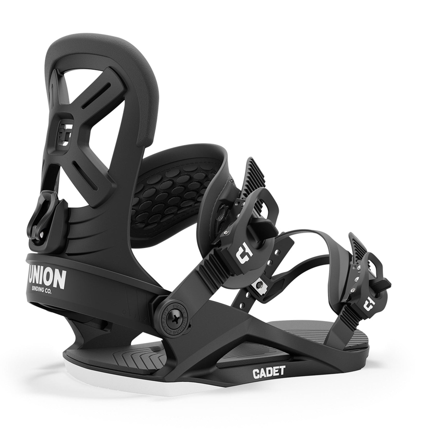 Union Junior's Cadet Snowboard Binding 2025 - A black snowboard binding with a textured strap and white lettering on the base plate.