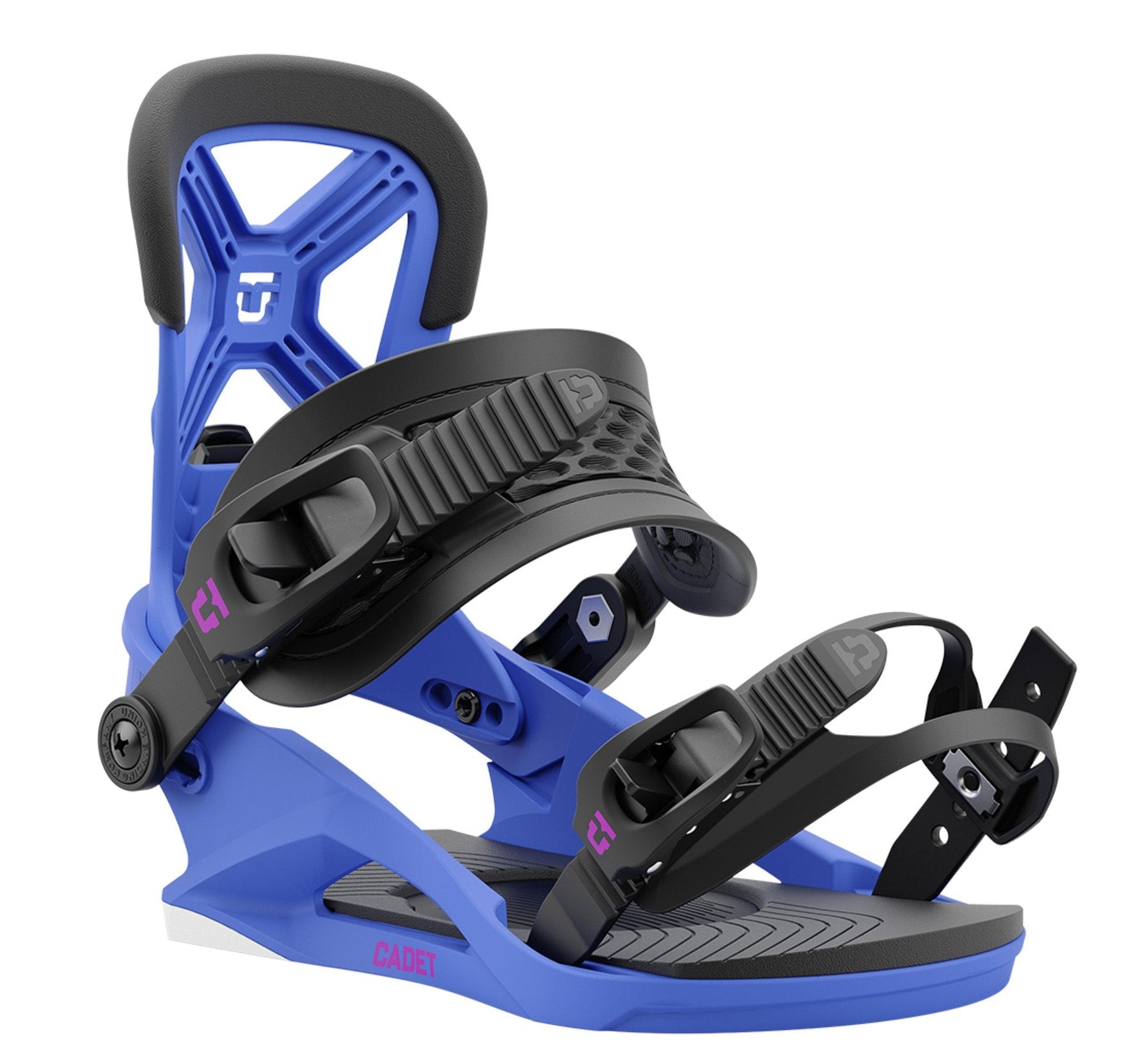 Union Junior's Cadet Snowboard Binding 2025 - A blue snowboard binding with a black strap and buckle, featuring a white logo on the top of the backstrap.