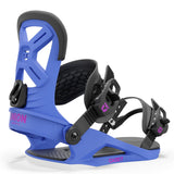 Union Junior's Cadet Snowboard Binding 2025 - A blue snowboard binding with a black strap and pink lettering on the baseplate.