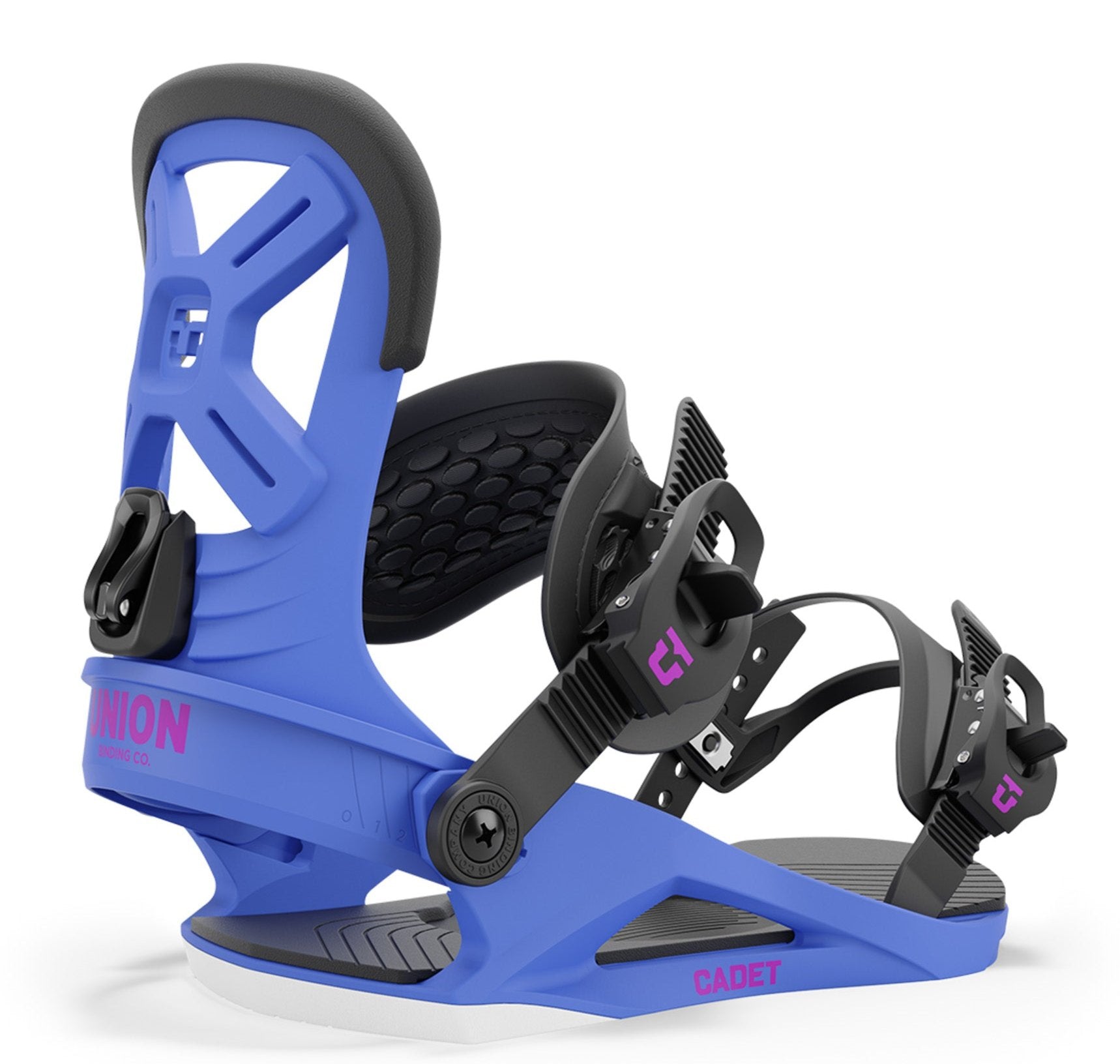 Union Junior's Cadet Snowboard Binding 2025 - A blue snowboard binding with a black strap and pink lettering on the baseplate.