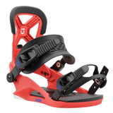 Union Junior's Cadet Snowboard Binding 2025 - A red snowboard binding with a black strap and buckle, featuring a white logo on the top of the backstrap.