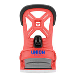 Union Junior's Cadet Snowboard Binding 2025 - A bright red snowboard binding with a black strap and buckle, featuring a white logo on top.