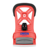 Union Junior's Cadet Snowboard Binding 2025 - A bright red snowboard binding with a black strap and buckle, featuring a white logo on top.