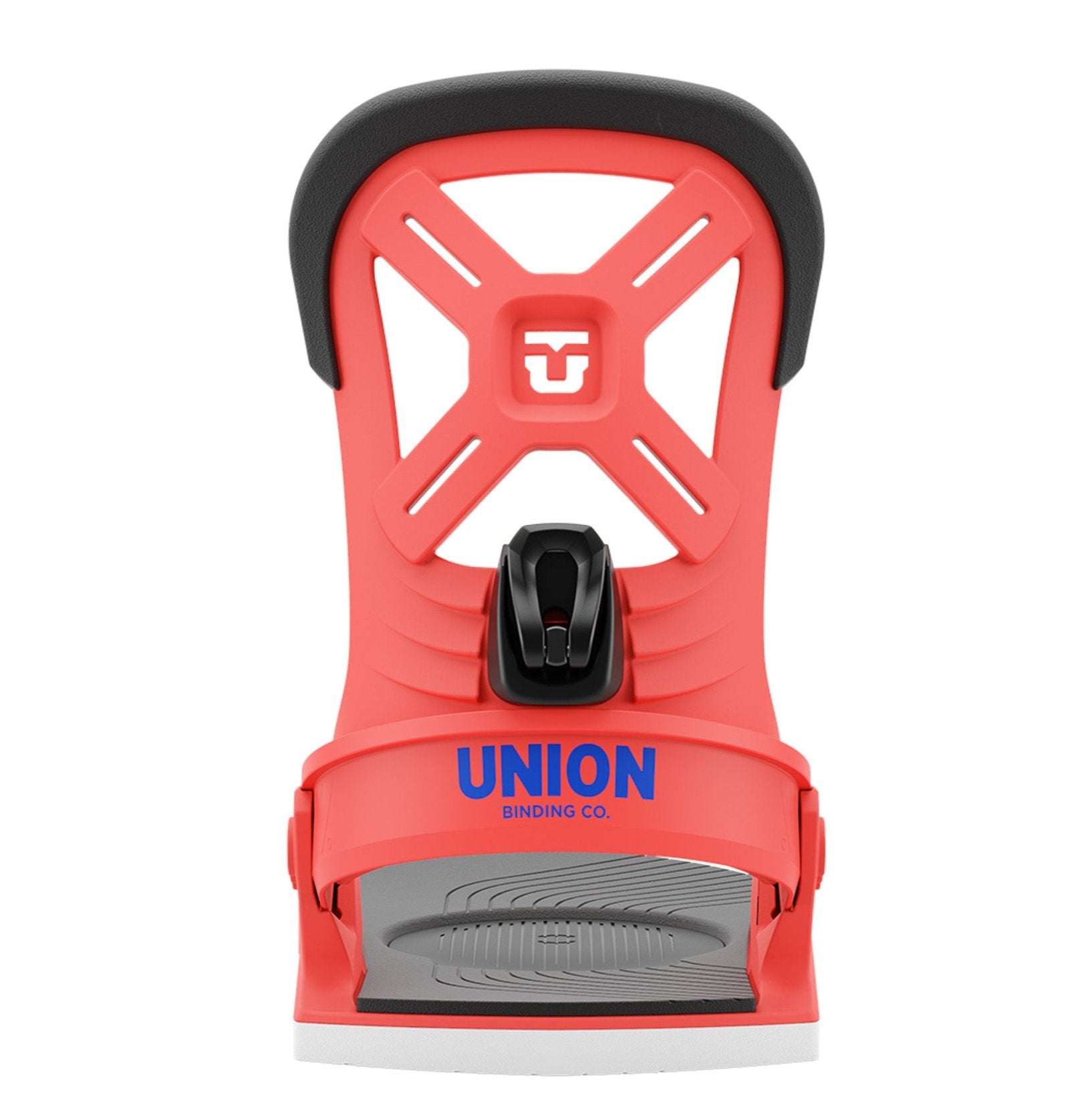 Union Junior's Cadet Snowboard Binding 2025 - A bright red snowboard binding with a black strap and buckle, featuring a white logo on top.