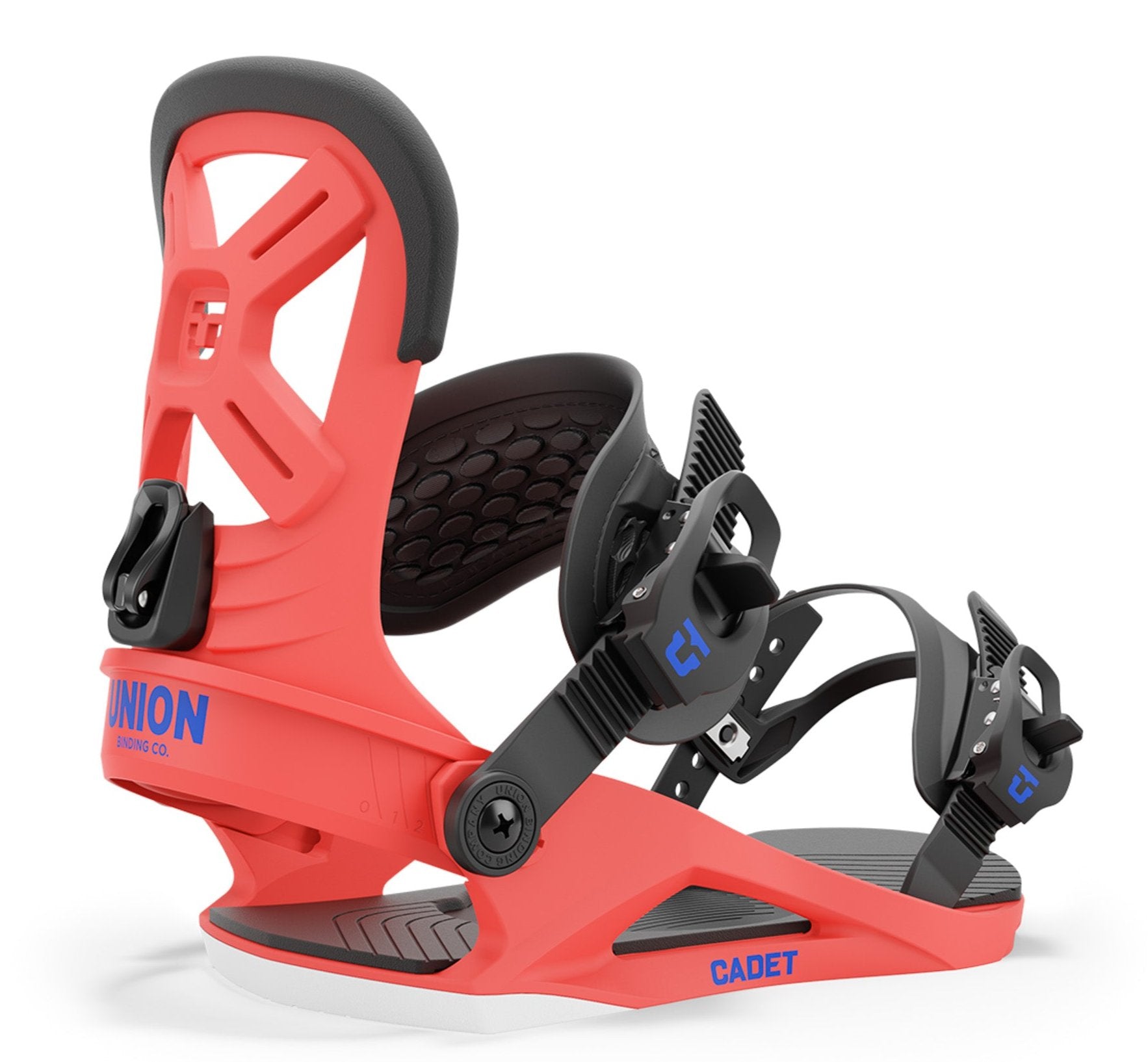 Union Junior's Cadet Snowboard Binding 2025 - A red snowboard binding with black buckles and a black textured strap.
