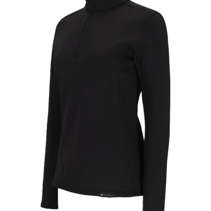 Obermeyer Women's UltraGear 1/4 Zip Top 2025 - Black zip on a black quarter-zip top with a high collar and long sleeves.