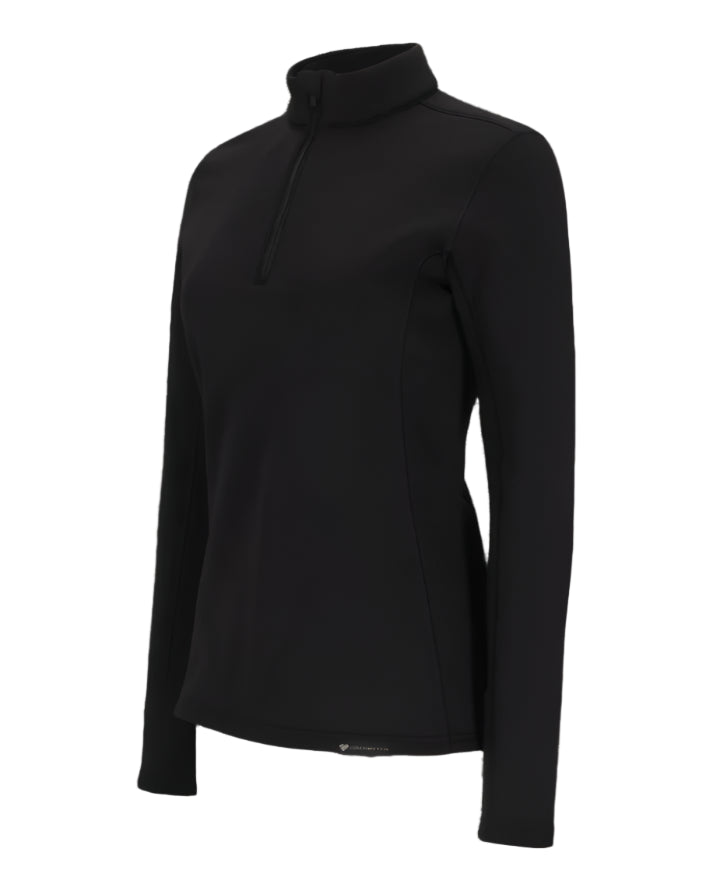 Obermeyer Women's UltraGear 1/4 Zip Top 2025 - Black zip on a black quarter-zip top with a high collar and long sleeves.