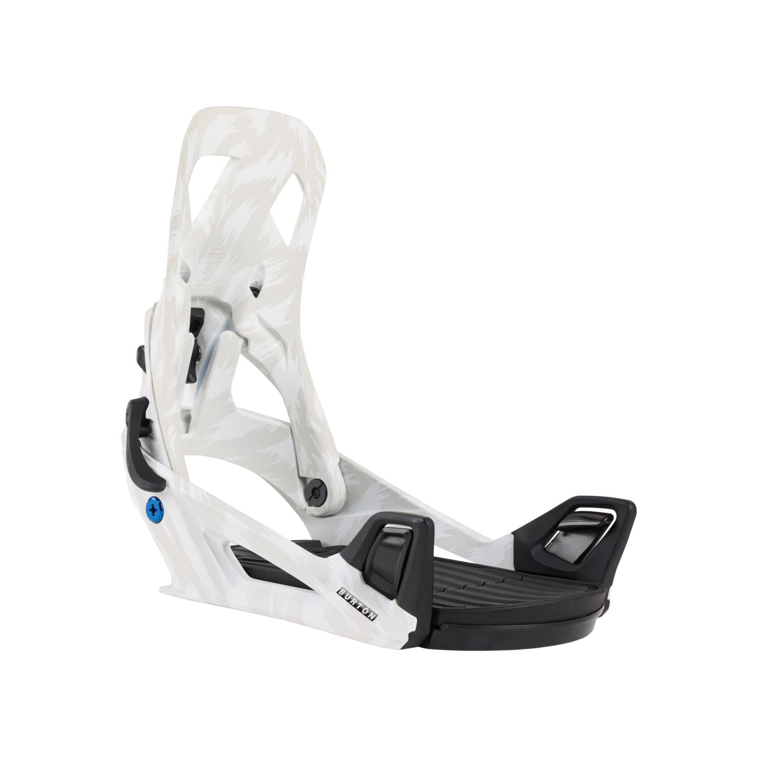 Burton Step On Binding 2025 - White bindings with black straps and blue Burton logo on the side.