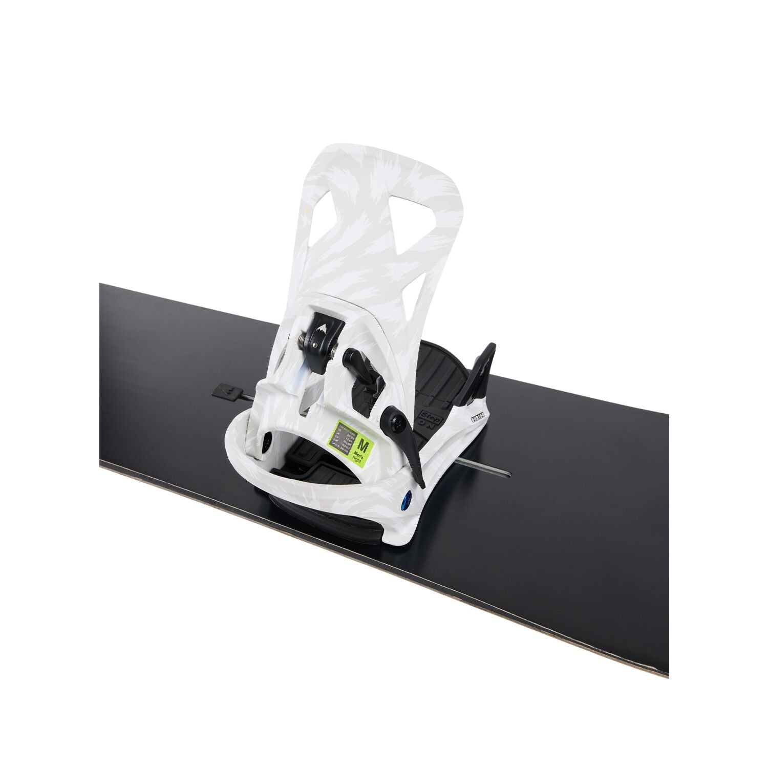 Burton - Step On binding with a black base plate and white straps.