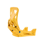 Burton Step On Binding 2025 - A yellow snowboard binding with a blue Burton logo on the baseplate and a black strap buckle.