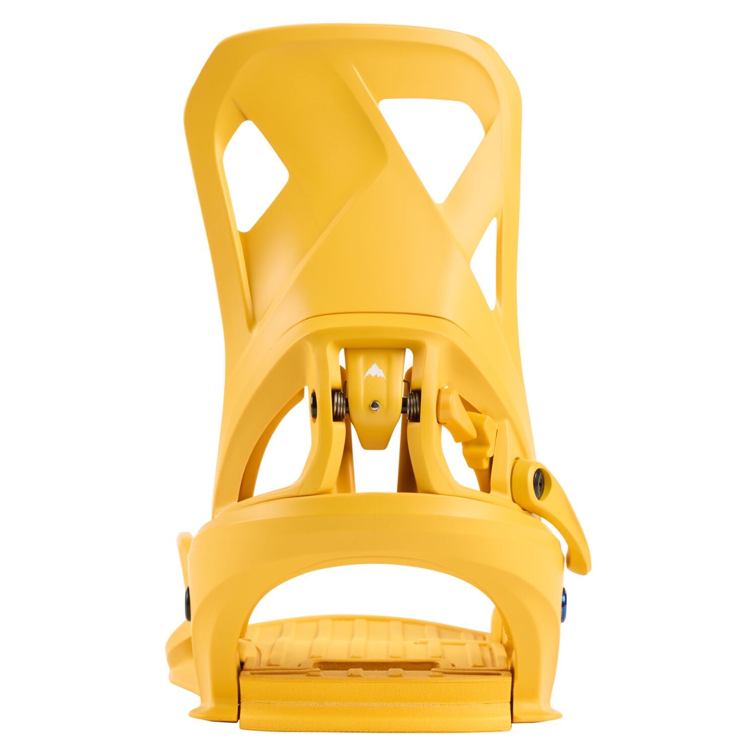 Burton Step On Binding 2025 - A bright yellow snowboard binding with a geometric cutout design on the top plate and a textured footbed.