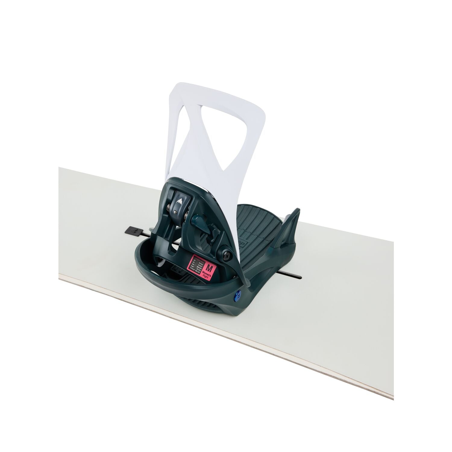 Burton Women's Step On Bindings 2025 - A black binding with a white logo on top, attached to a snowboard.
