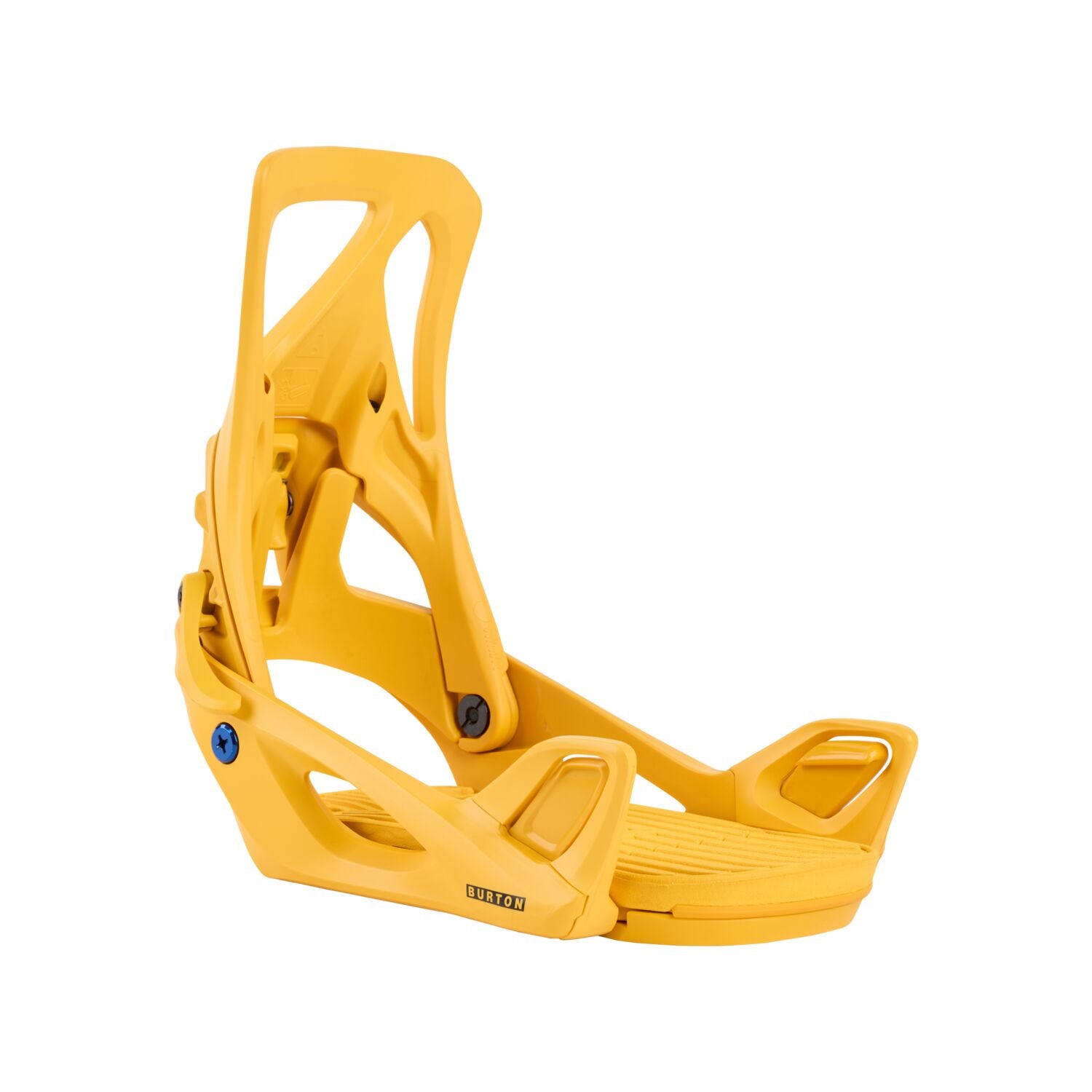 Burton Women's Step On Bindings 2025 - A pair of yellow snowboard bindings with a sleek, modern design and a prominent "BURTON" logo on the baseplate.