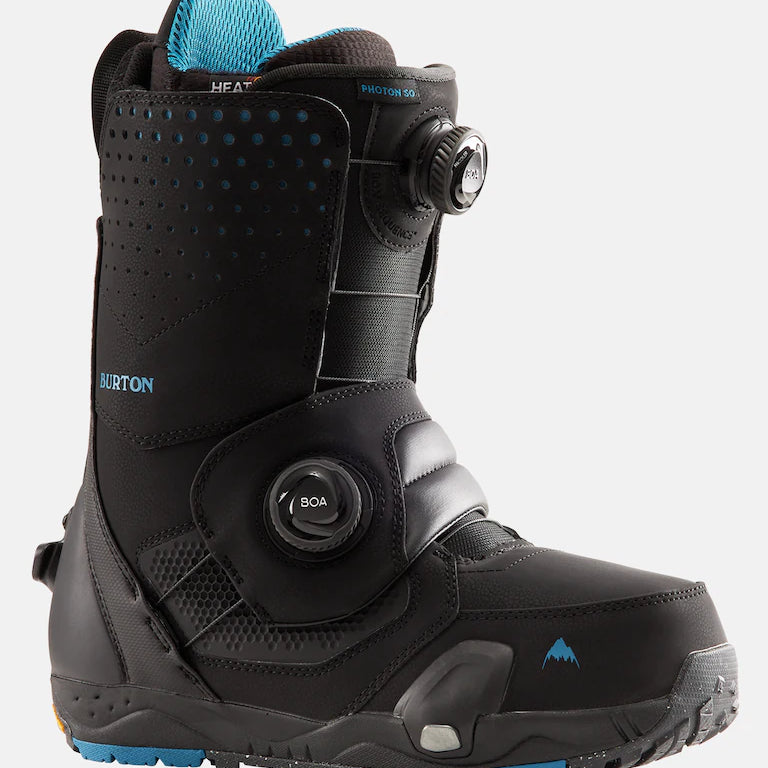 Burton Photon Step On Snowboard Boot 2025 - A black snowboard boot with a blue logo on the side and a silver buckle.