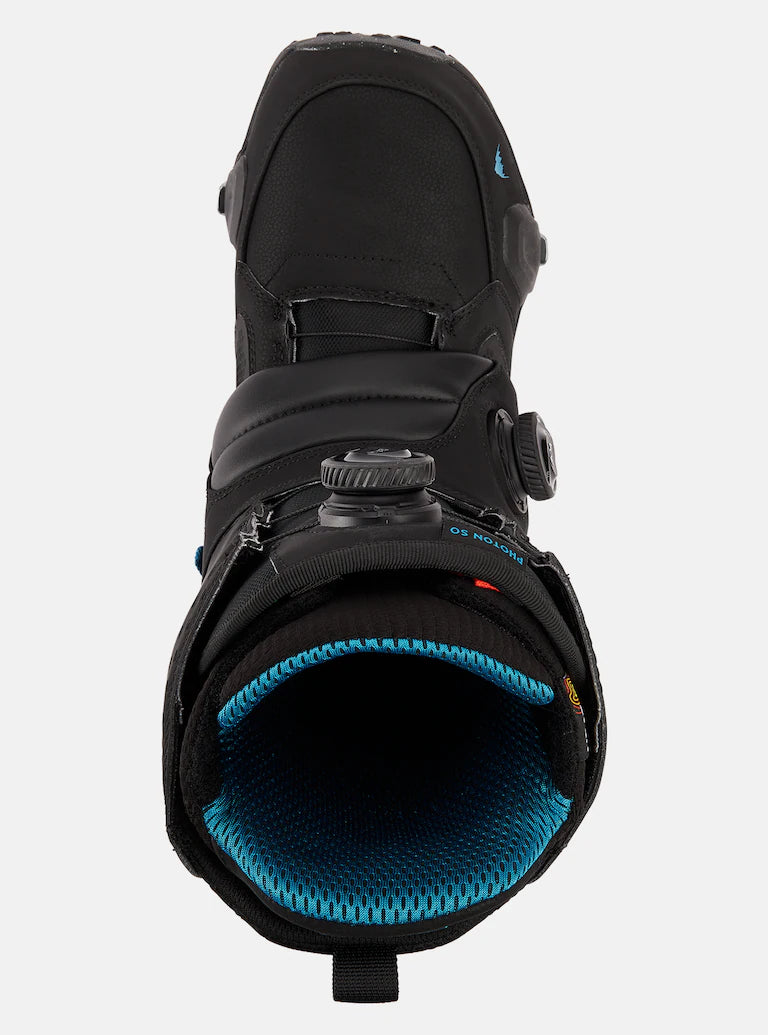 Burton Photon Step On Snowboard Boot 2025 - Black snowboard boot with a textured rubber toe cap and blue accents on the strap.