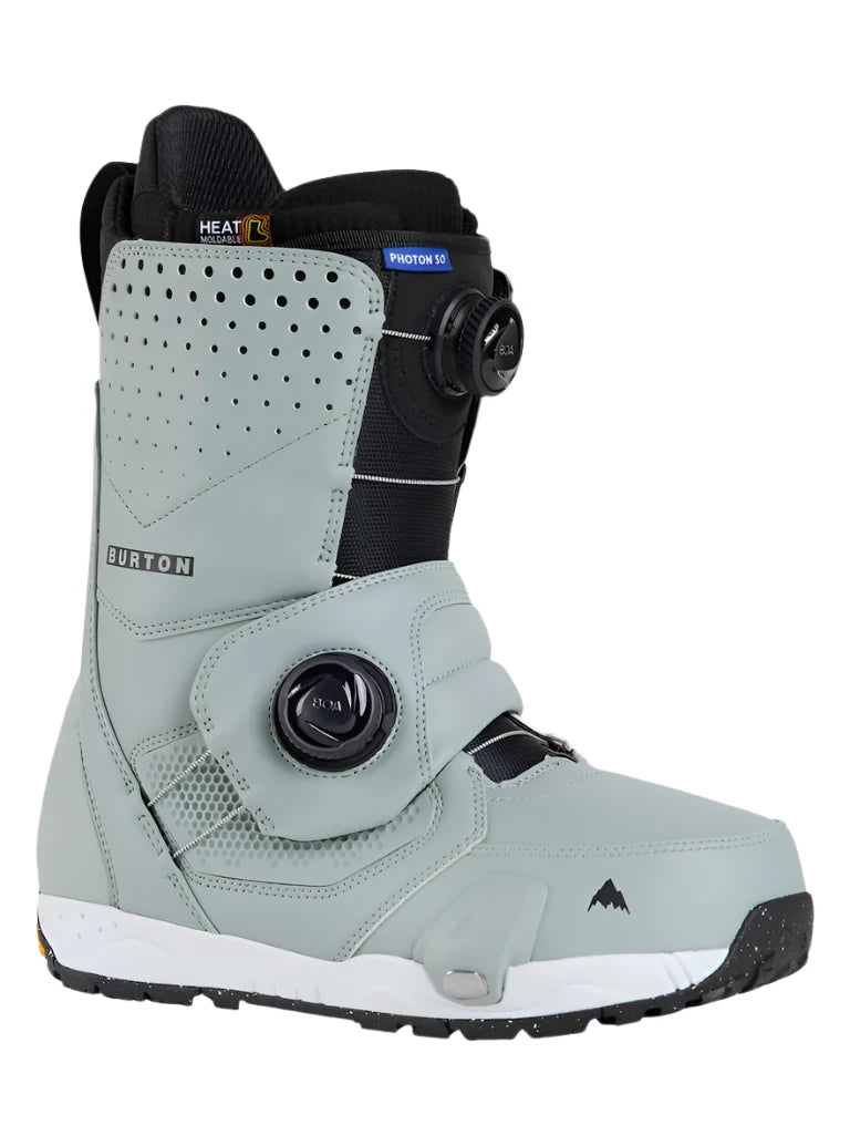 Burton Photon Step On Snowboard Boot 2025 - A light gray snowboard boot with a black strap and buckle, featuring a small mountain logo on the toe.