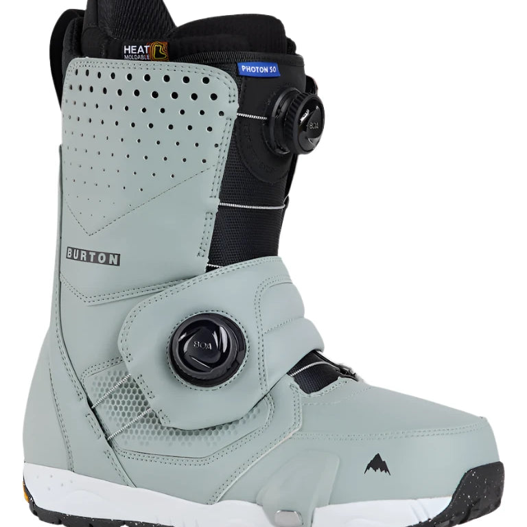 Burton Photon Step On Snowboard Boot 2025 - A light gray snowboard boot with a black strap and buckle, featuring a small mountain logo on the toe.