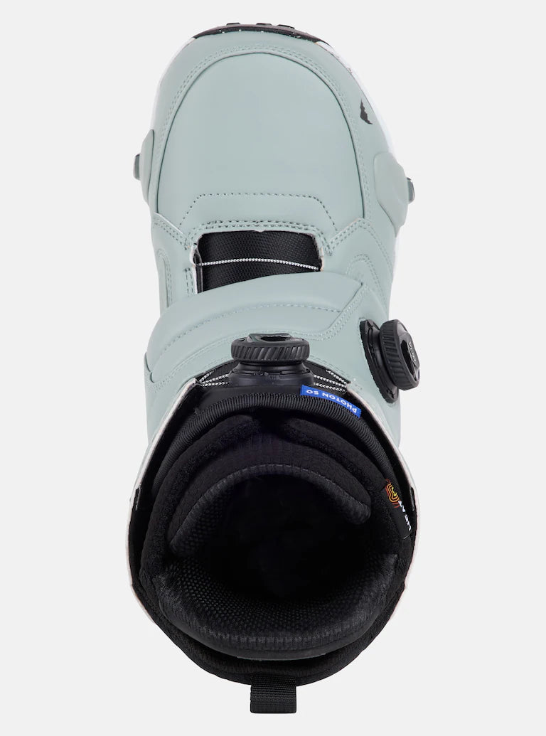 Burton Photon Step On Snowboard Boot 2025 - A light gray snowboard boot with a black strap and buckle on top, featuring a blue Burton logo.