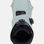 Burton Photon Step On Snowboard Boot 2025 - A light gray snowboard boot with a black strap and buckle on top, featuring a blue Burton logo.