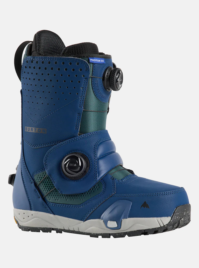 Burton Photon Step On Snowboard Boot 2025 - A blue snowboard boot with a black strap and buckle on the side, featuring a textured rubber sole.