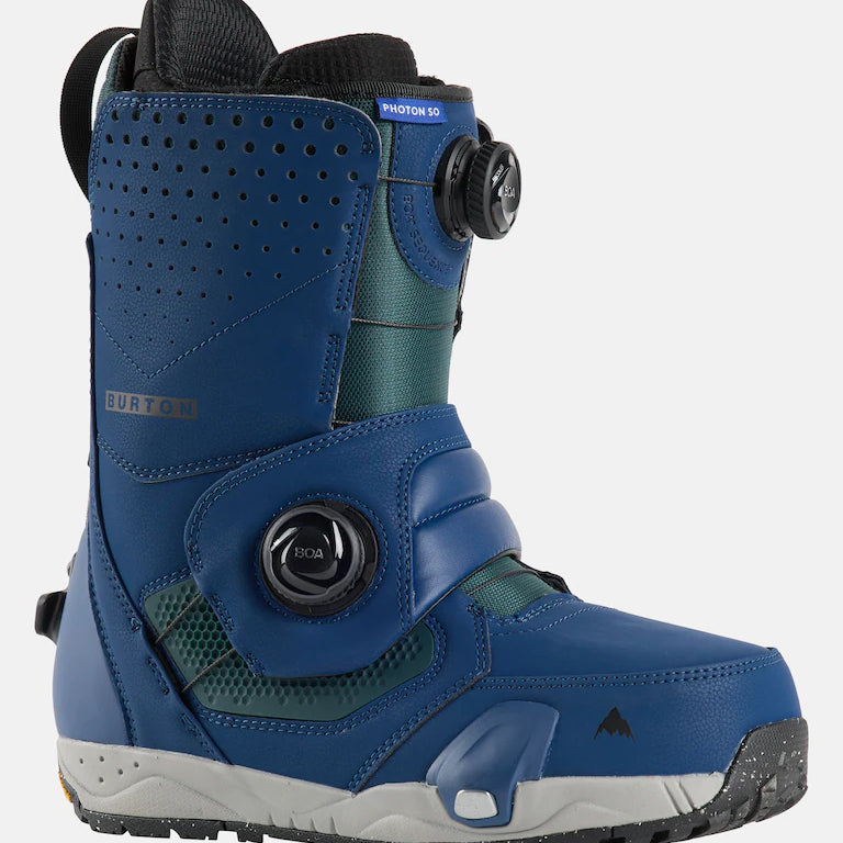 Burton Photon Step On Snowboard Boot 2025 - A blue snowboard boot with a black strap and buckle on the side, featuring a textured rubber sole.