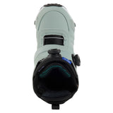 Burton Women's Felix Step On Snowboard Boot 2025 - A light gray snowboard boot with a black strap and buckle on top, featuring a blue tag that reads "Felix SO" in white letters.