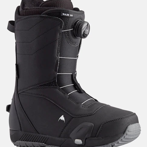Burton Ruler Step On Boots 2025 - Black snowboard boots with white stitching and a black strap on the side.