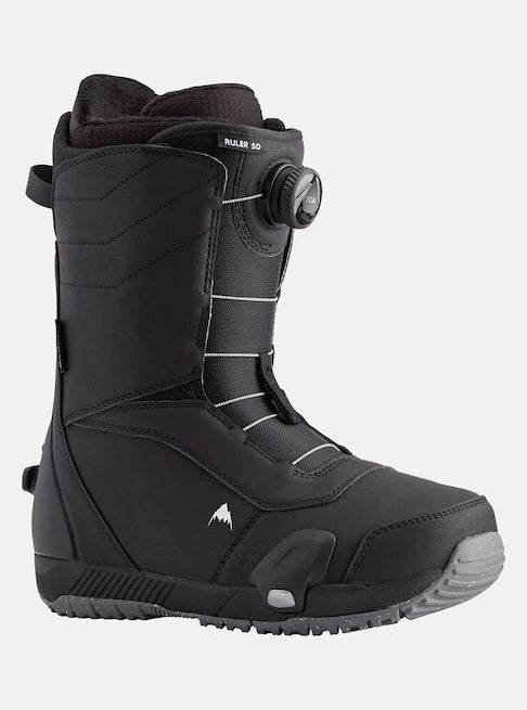Burton Ruler Step On Boots 2025 - Black snowboard boots with white stitching and a black strap on the side.