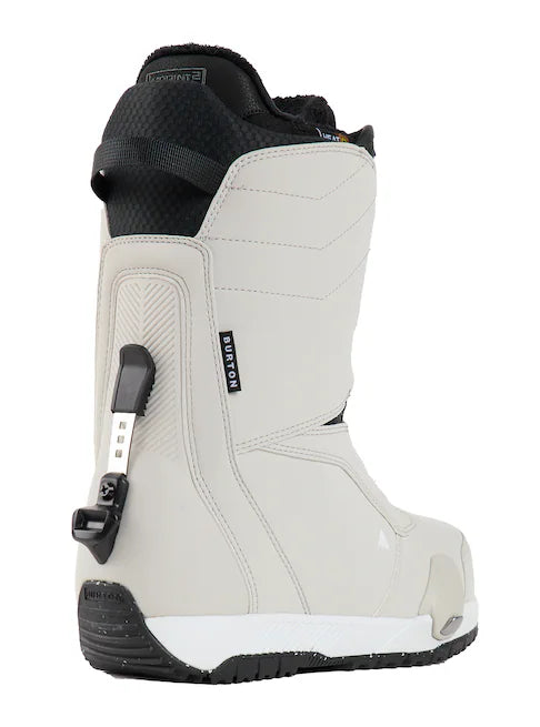 Burton Ruler Step On Boots 2025 - A pair of white snowboard boots with black accents and a textured pattern on the tongue.