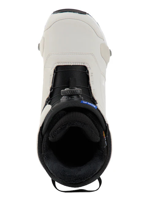 Burton Ruler Step On Boots 2025 - White boots with black strap and buckle on top of a white background.