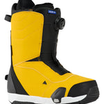 Burton Ruler Step On Boots 2025 - A pair of black snowboard boots with yellow accents and a blue label on the top that reads "RULER IO".