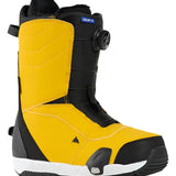 Burton Ruler Step On Boots 2025 - A pair of black snowboard boots with yellow accents and a blue label on the top that reads "RULER IO".