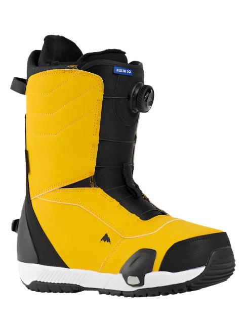 Burton Ruler Step On Boots 2025 - A pair of black snowboard boots with yellow accents and a blue label on the top that reads "RULER IO".