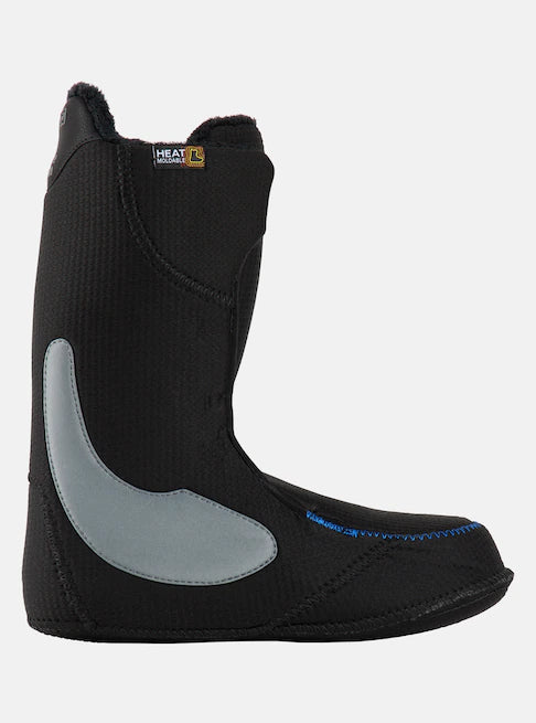 Burton Ruler Step On Boots 2025 - Black boots with a gray strap on the side and a yellow logo that says "HEAT" in white letters.