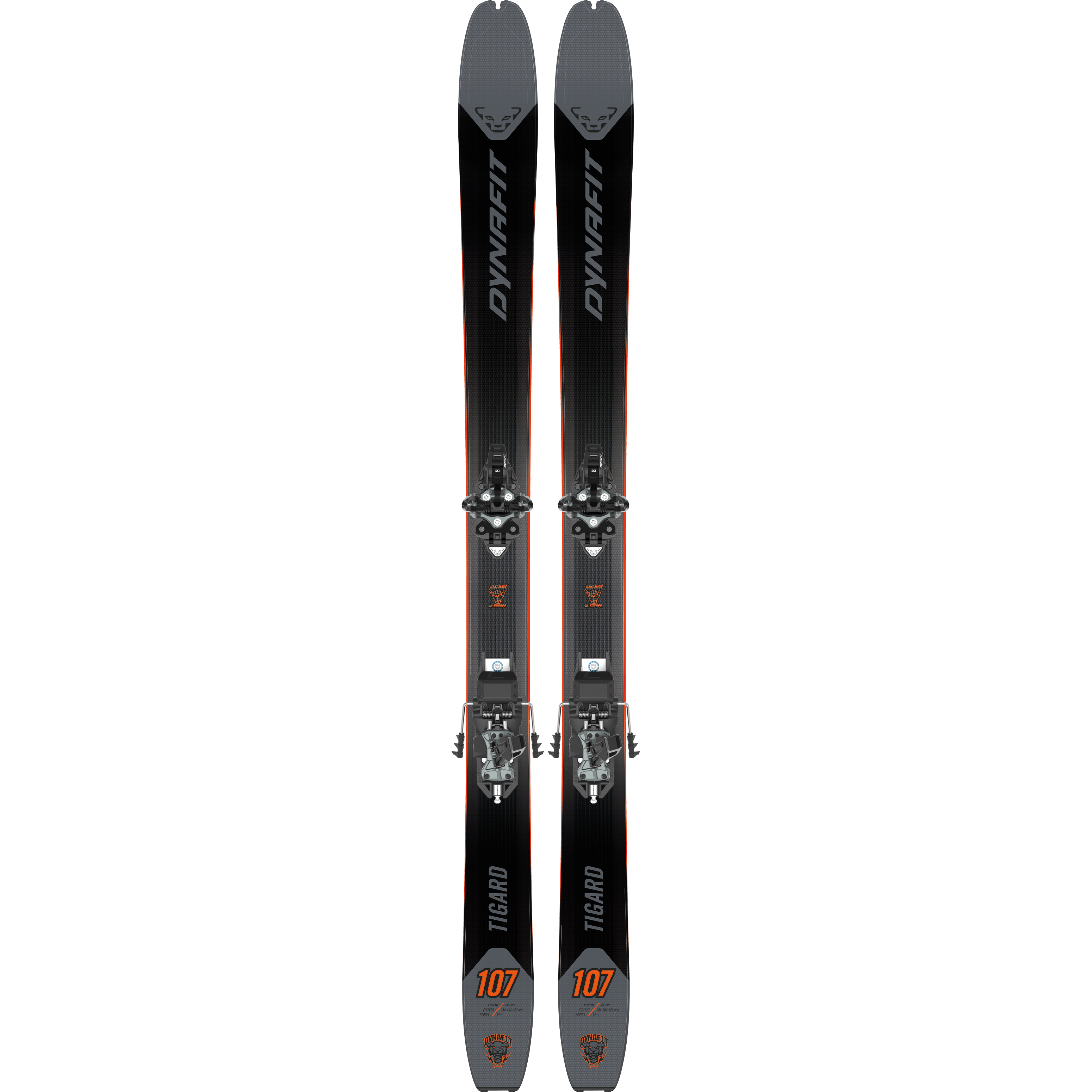 Dynafit - Tigard 107 Flat Ski 2025 with black and orange lettering on a dark gray background.