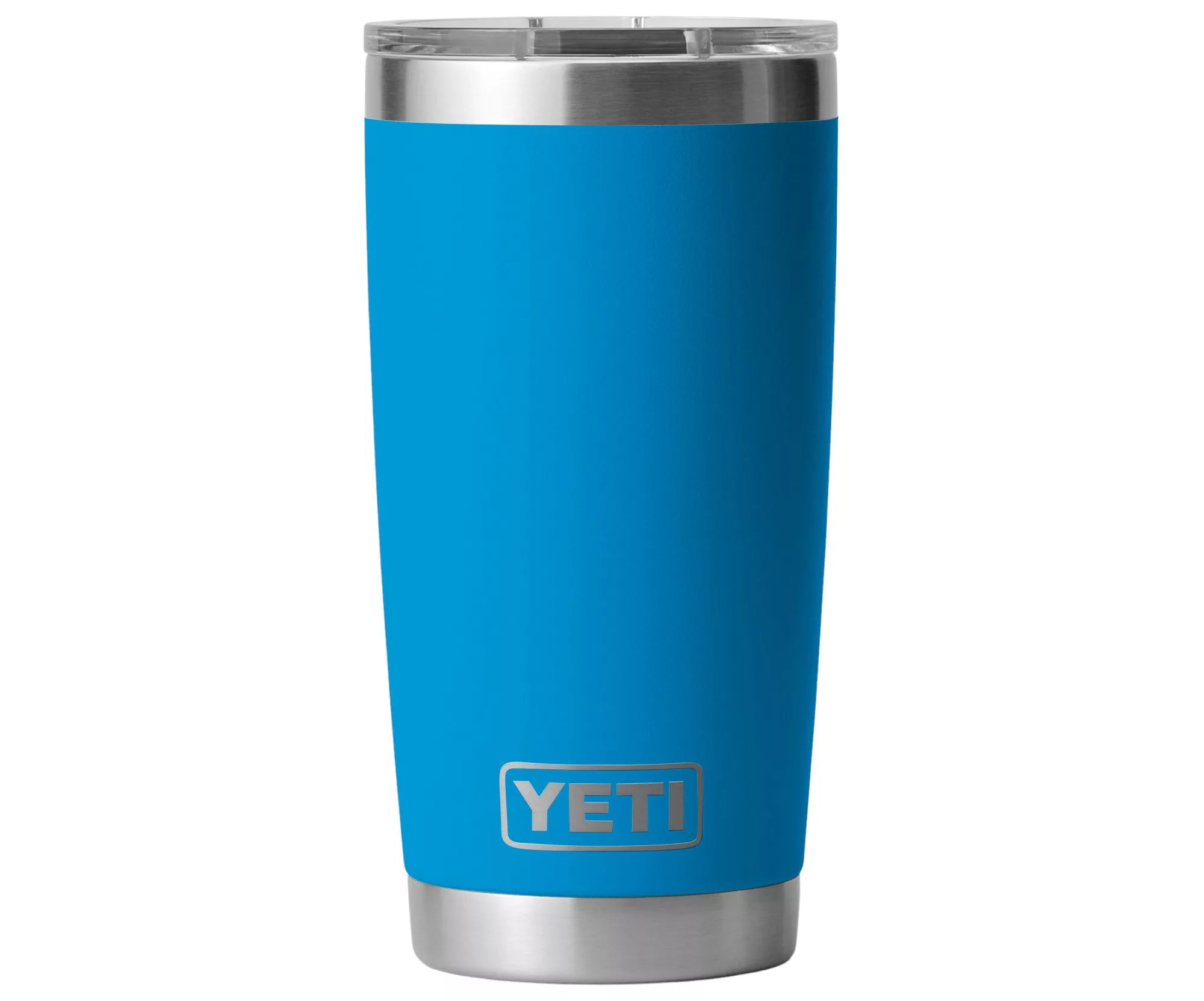 Yeti Rambler 20 oz. Tumbler with Magslider Lid - A stainless steel tumbler with a silver lid and a sliding closure mechanism.