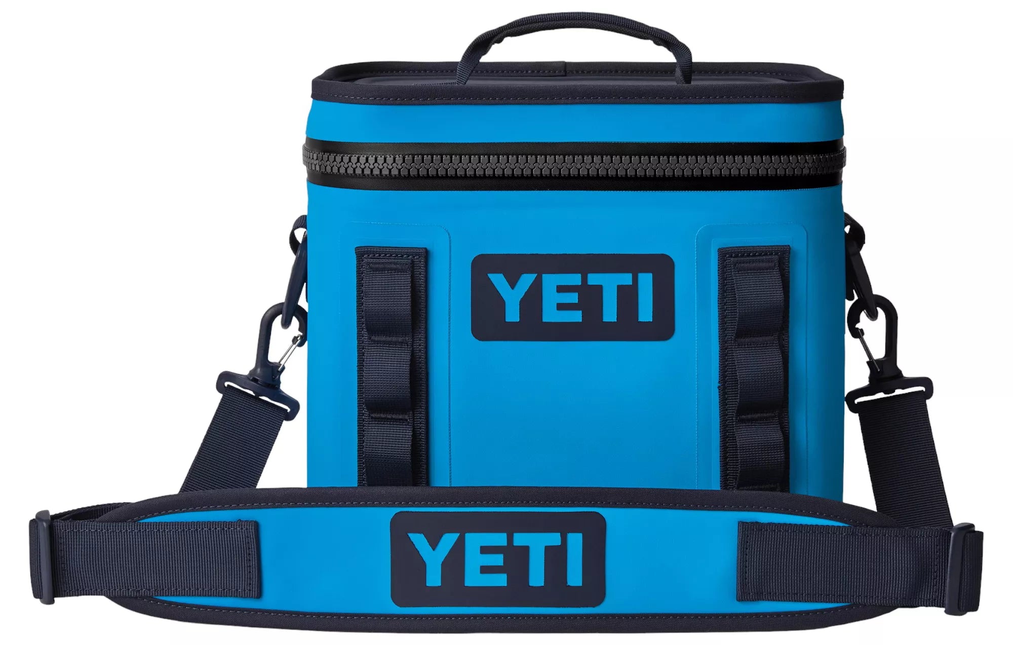 Yeti Hopper Flip 8 Personal Cooler - A blue cooler with a zipper and handle on top, featuring the word "YETI" in white letters on one side.