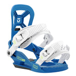 Union Junior's Cadet Mini Snowboard Binding 2025 - A blue and white snowboard binding with a distinctive "U" logo on its high back.