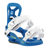 Union Junior's Cadet Mini Snowboard Binding 2025 - A blue and white snowboard binding with a distinctive "U" logo on its high back.