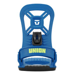 Union Junior's Cadet Mini Snowboard Binding 2025 - A blue snowboard binding with a black strap and buckle, featuring a textured baseplate.