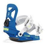 Union Junior's Cadet Mini Snowboard Binding 2025 - A blue and white snowboard binding with a black buckle on the left side.