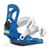 Union Junior's Cadet Mini Snowboard Binding 2025 - A blue and white snowboard binding with a black buckle on the left side.