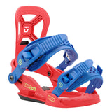 Union Junior's Cadet Mini Snowboard Binding 2025 - A red snowboard binding with a blue strap and buckle, featuring a small logo on the top of the strap.