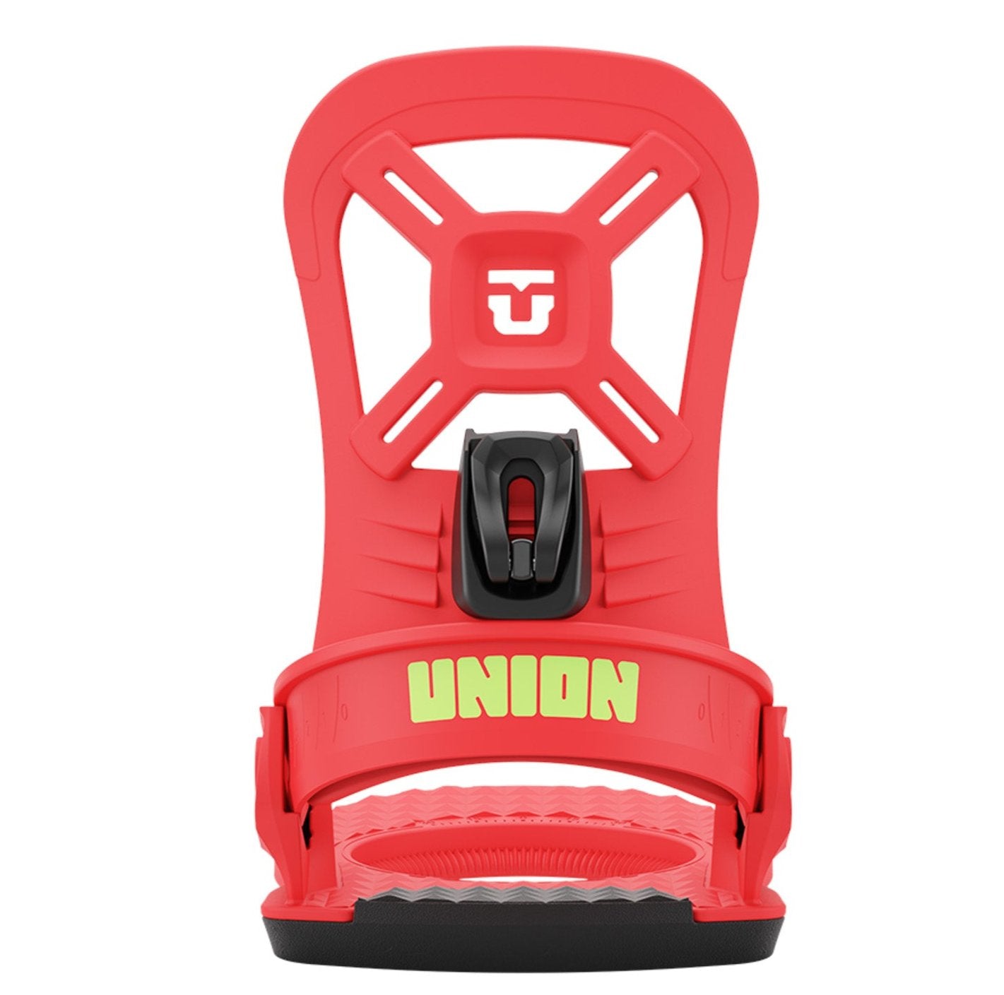 Union Junior's Cadet Mini Snowboard Binding 2025 - A red snowboard binding with a black strap and buckle, featuring a white logo on top.