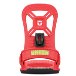 Union Junior's Cadet Mini Snowboard Binding 2025 - A red snowboard binding with a black strap and buckle, featuring a white logo on top.
