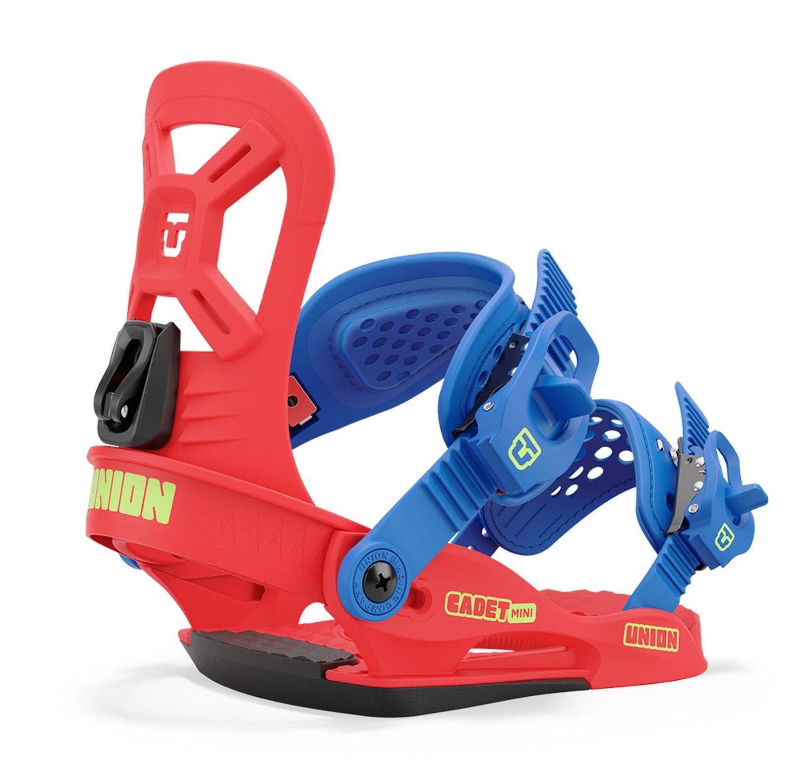 Union Junior's Cadet Mini Snowboard Binding 2025 - A red and blue snowboard binding with a black buckle on the left side.