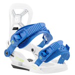 Union Junior's Cadet Mini Snowboard Binding 2025 - White snowboard bindings with blue buckles and straps.