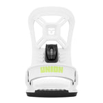 Union Junior's Cadet Mini Snowboard Binding 2025 - A white snowboard binding with a black strap and buckle, featuring a small logo on top.